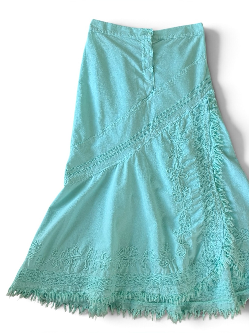 Y2K Blue Boho Southwestern Embroidered Fringe Fall Midi Skirt